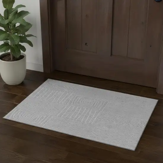 Silver And Ivory Geometric Washable Area Rug With UV Protection Photo 1