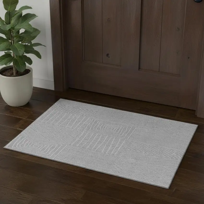 Silver And Ivory Geometric Washable Area Rug With UV Protection Photo 1