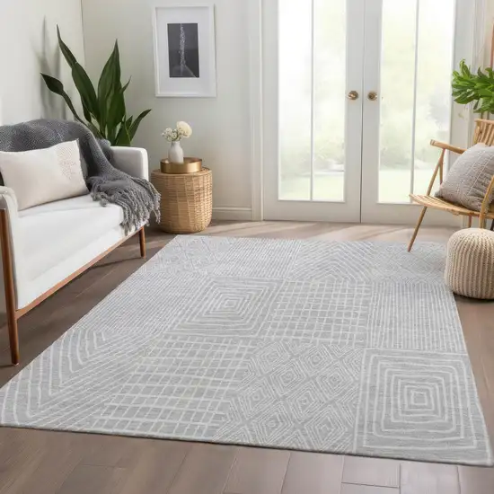 Silver And Ivory Geometric Washable Area Rug With UV Protection Photo 1