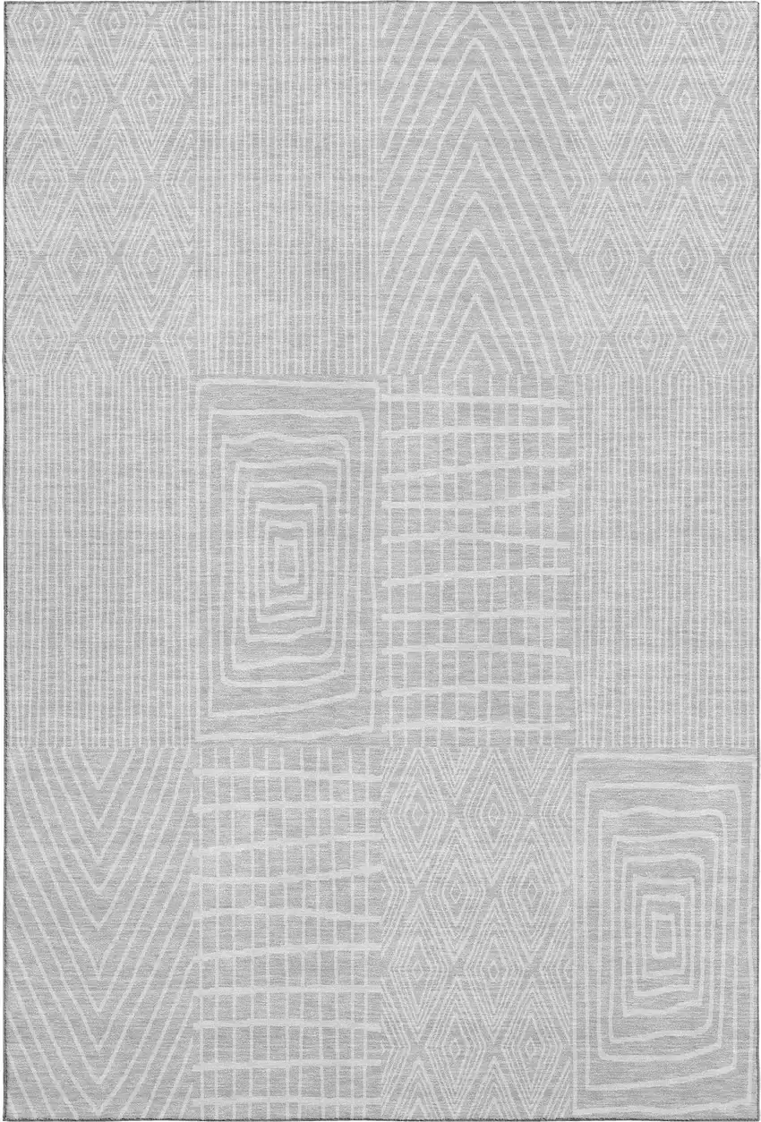 Silver And Ivory Geometric Washable Area Rug With UV Protection Photo 3