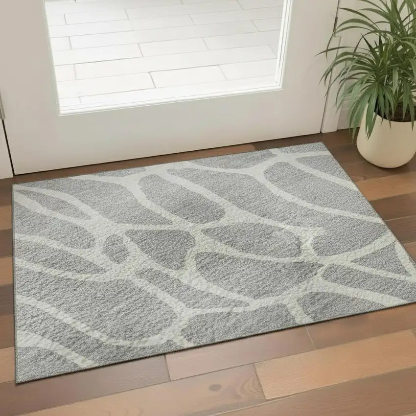 Silver And Ivory Geometric Washable Area Rug With UV Protection Photo 2