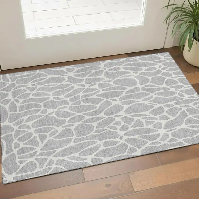Silver And Ivory Geometric Washable Area Rug With UV Protection Photo 1
