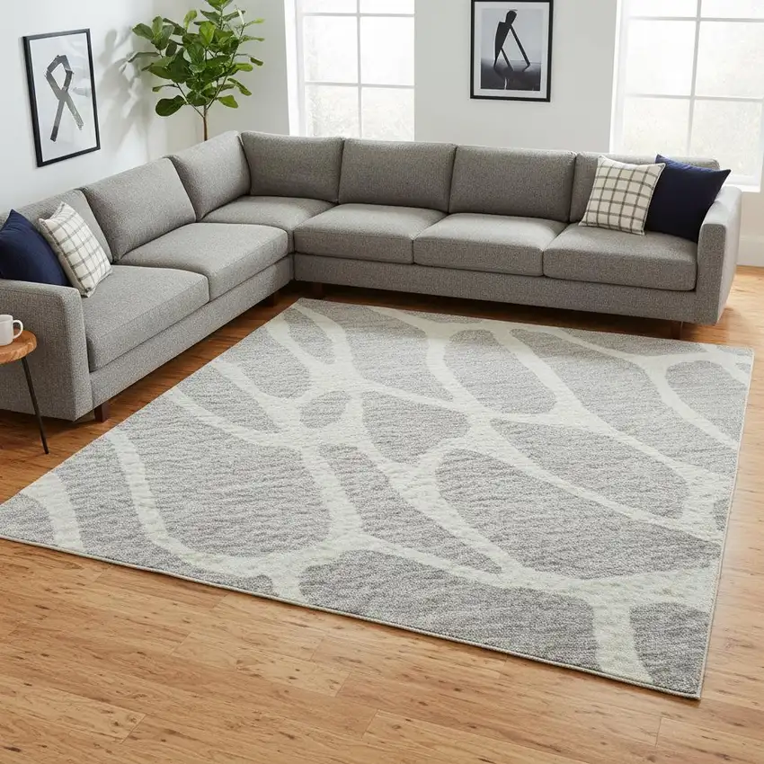 Silver And Ivory Geometric Washable Area Rug With UV Protection Photo 2