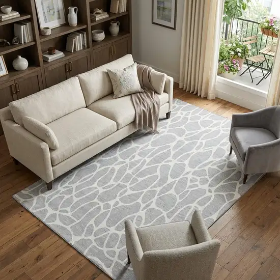 Silver And Ivory Geometric Washable Area Rug With UV Protection Photo 1