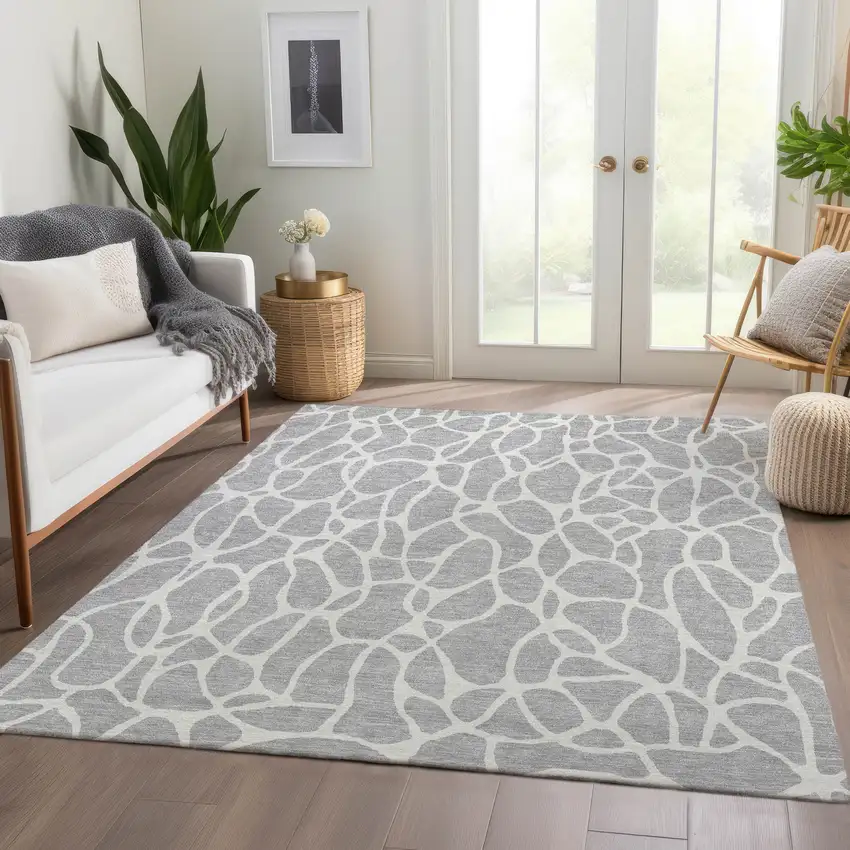 Silver And Ivory Geometric Washable Area Rug With UV Protection Photo 4