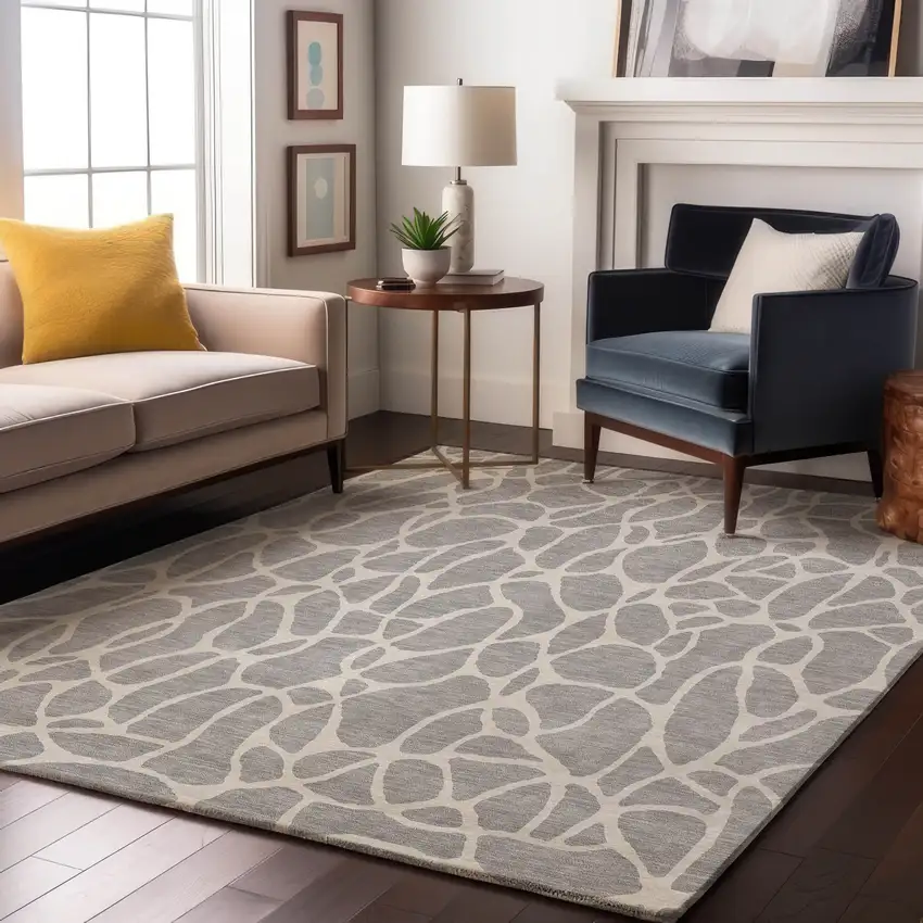 Silver And Ivory Geometric Washable Area Rug With UV Protection Photo 3