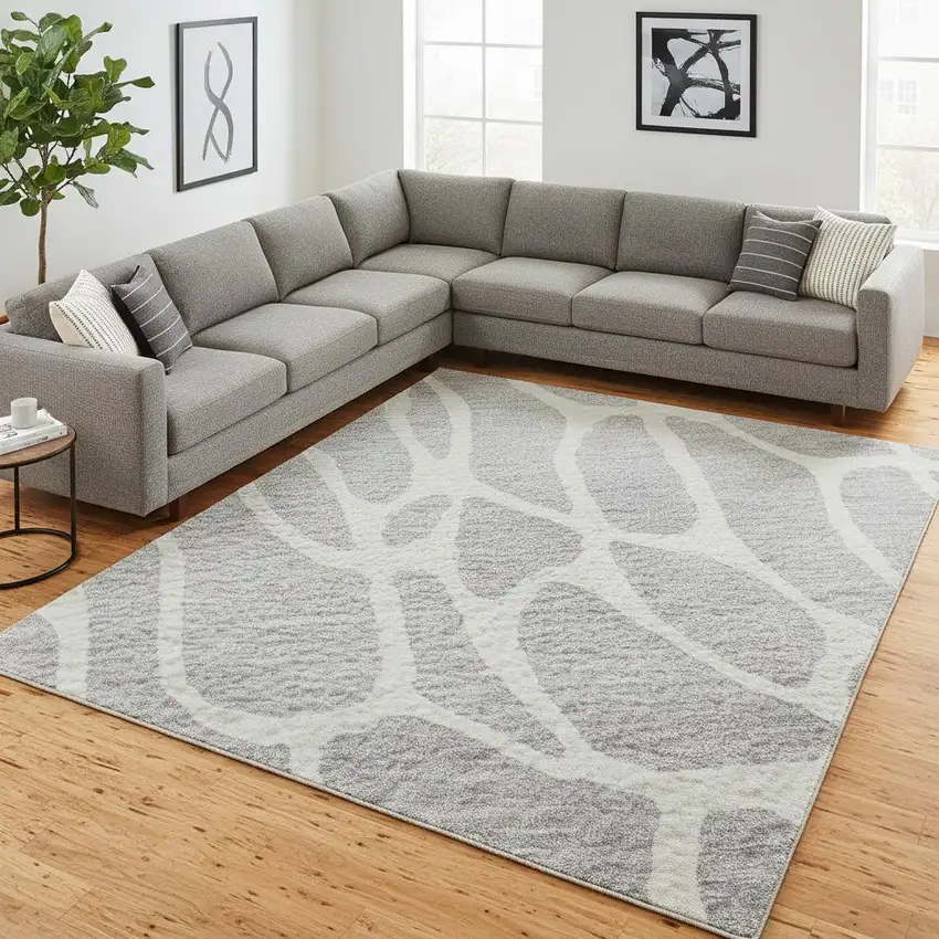 Silver And Ivory Geometric Washable Area Rug With UV Protection Photo 2