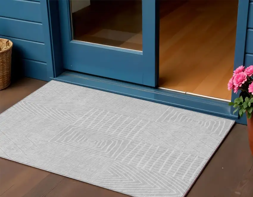 Silver And Ivory Geometric Washable Indoor Outdoor Area Rug Photo 1