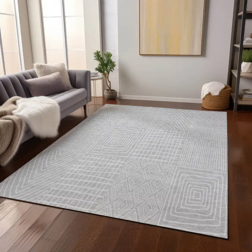 Silver And Ivory Geometric Washable Indoor Outdoor Area Rug Photo 8