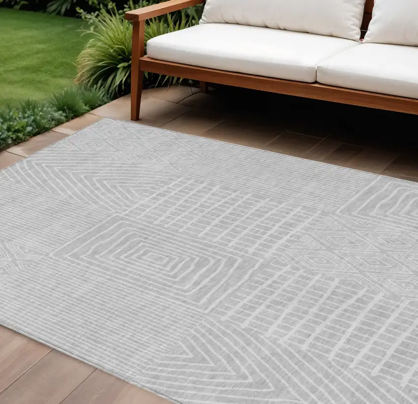 Silver And Ivory Geometric Washable Indoor Outdoor Area Rug Photo 1