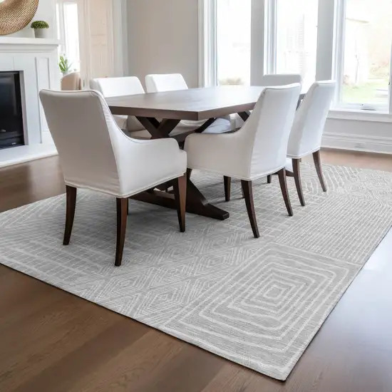Silver And Ivory Geometric Washable Indoor Outdoor Area Rug Photo 9