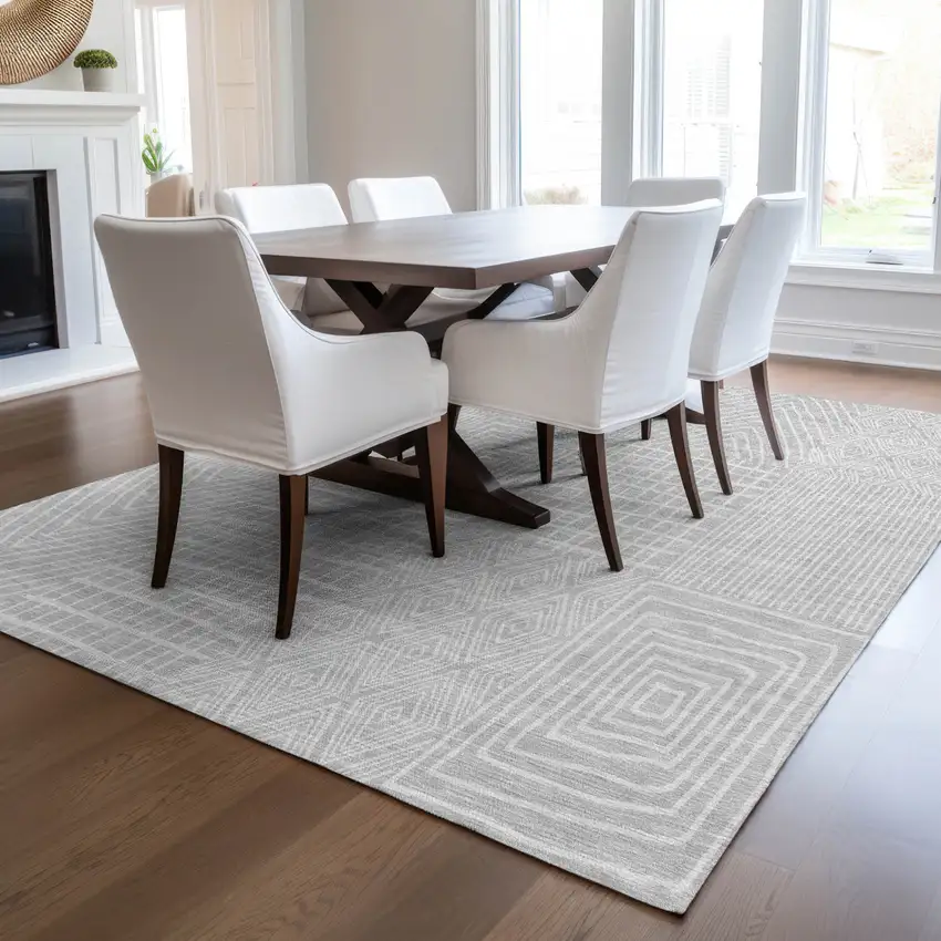 Silver And Ivory Geometric Washable Indoor Outdoor Area Rug Photo 9