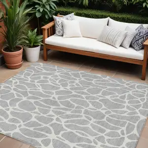 Photo of Silver And Ivory Geometric Washable Indoor Outdoor Area Rug