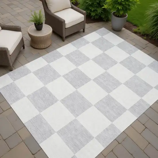 Silver And Ivory Geometric Washable Indoor Outdoor Area Rug Photo 6