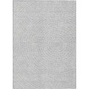 Photo of Silver And Ivory Geometric Washable Indoor Outdoor Area Rug