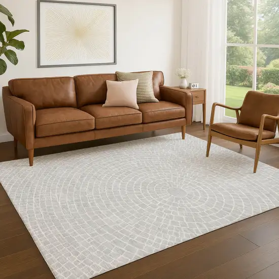 Silver And Ivory Geometric Washable Indoor Outdoor Area Rug Photo 5