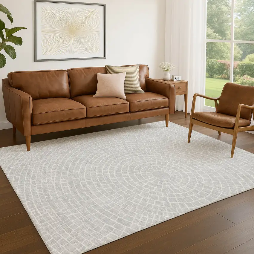 Silver And Ivory Geometric Washable Indoor Outdoor Area Rug Photo 5