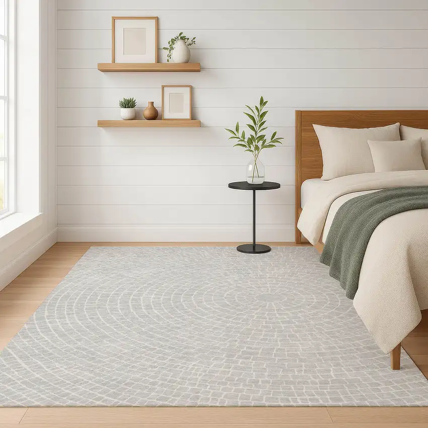 Silver And Ivory Geometric Washable Indoor Outdoor Area Rug Photo 6