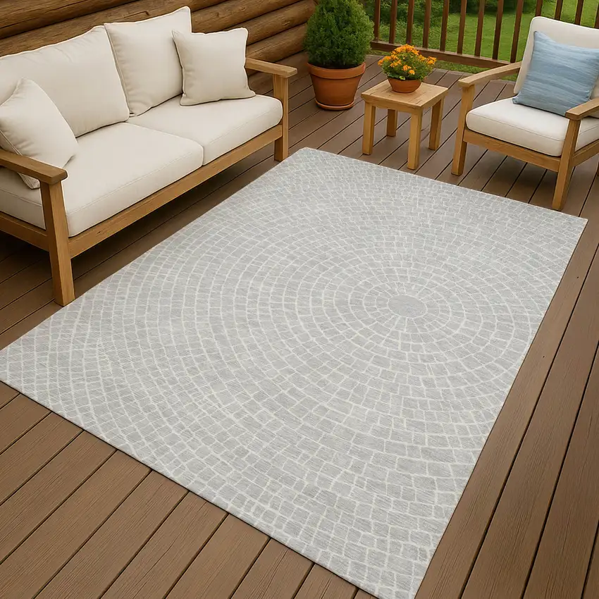 Silver And Ivory Geometric Washable Indoor Outdoor Area Rug Photo 4