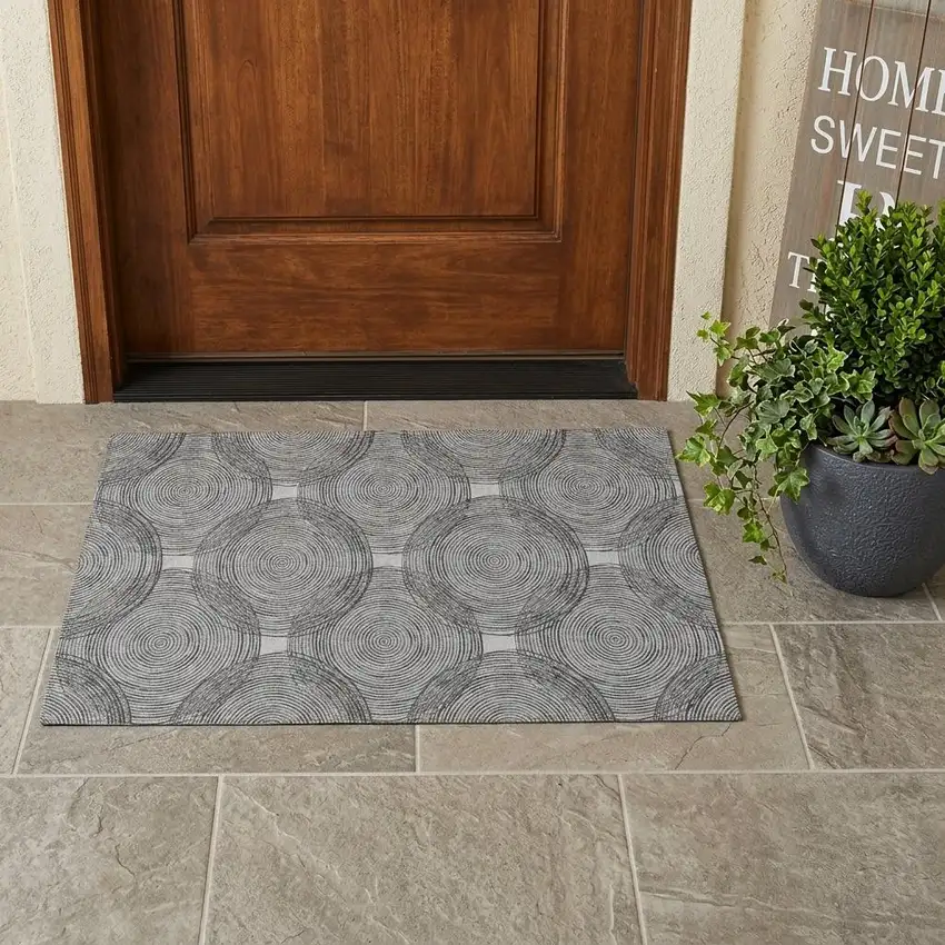 Silver And Ivory Geometric Washable Indoor Outdoor Area Rug Photo 1