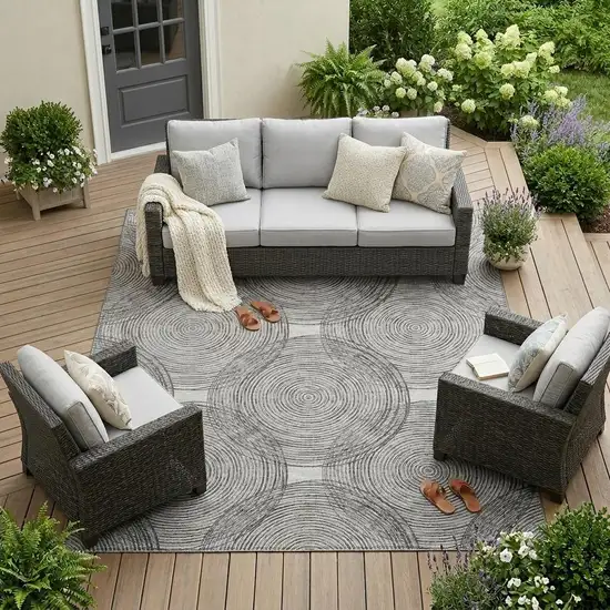 Silver And Ivory Geometric Washable Indoor Outdoor Area Rug Photo 1