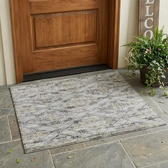 Silver And Ivory Geometric Washable Indoor Outdoor Area Rug Photo 1