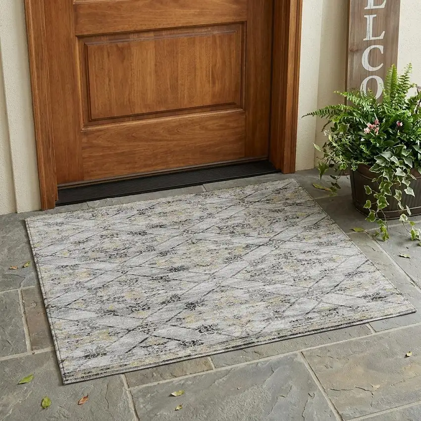 Silver And Ivory Geometric Washable Indoor Outdoor Area Rug Photo 1