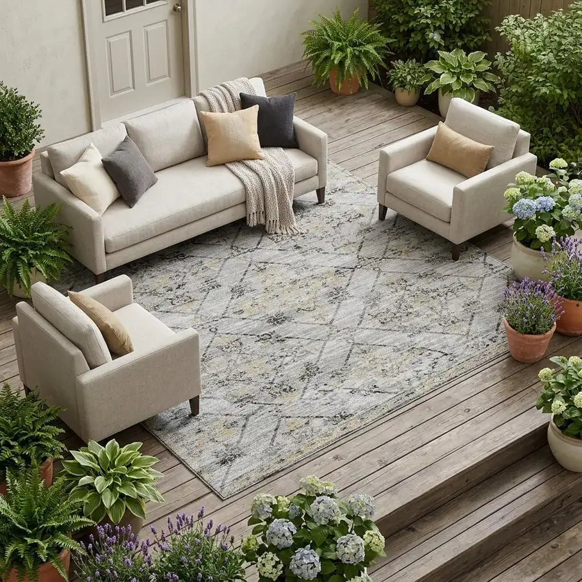 Silver And Ivory Geometric Washable Indoor Outdoor Area Rug Photo 1