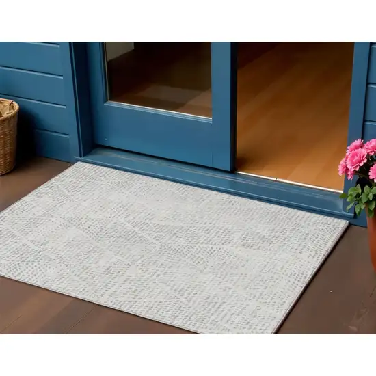 Silver And Ivory Geometric Washable Indoor Outdoor Area Rug Photo 1