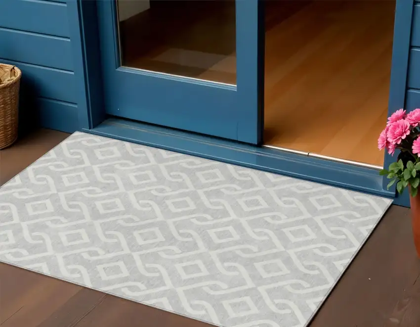 Silver And Ivory Geometric Washable Indoor Outdoor Area Rug Photo 1