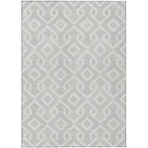 Photo of Silver And Ivory Geometric Washable Indoor Outdoor Area Rug
