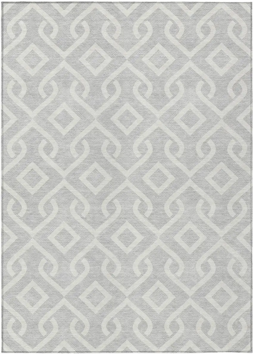 Silver And Ivory Geometric Washable Indoor Outdoor Area Rug Photo 1