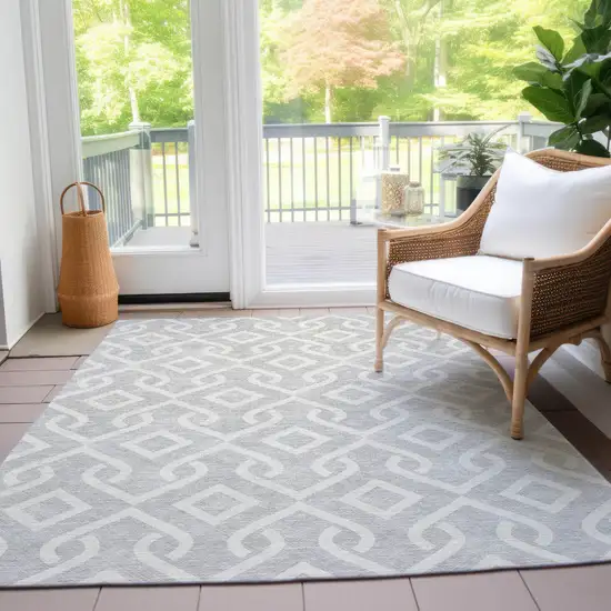 Silver And Ivory Geometric Washable Indoor Outdoor Area Rug Photo 7