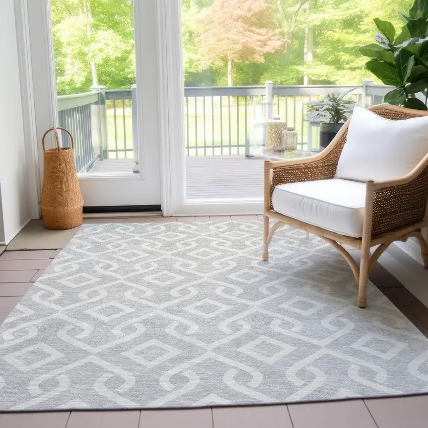 Silver And Ivory Geometric Washable Indoor Outdoor Area Rug Photo 7