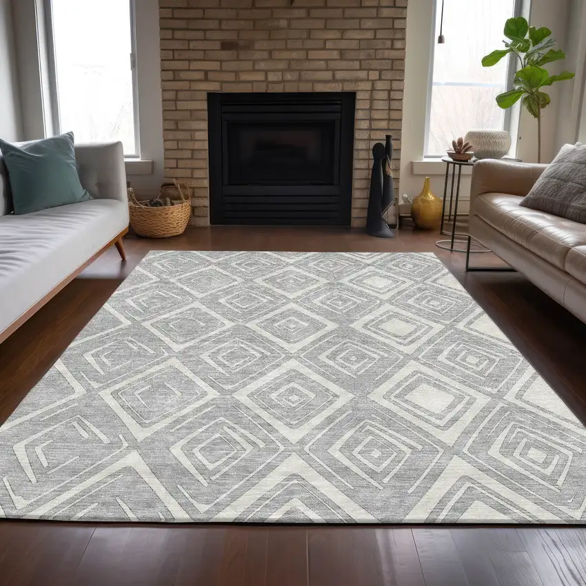 Silver And Ivory Geometric Washable Indoor Outdoor Area Rug Photo 8