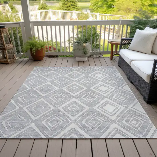 Silver And Ivory Geometric Washable Indoor Outdoor Area Rug Photo 6