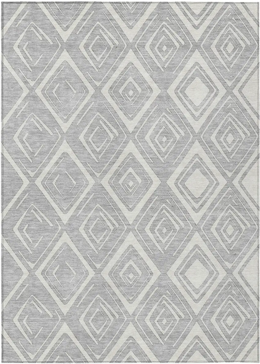 Silver And Ivory Geometric Washable Indoor Outdoor Area Rug Photo 1
