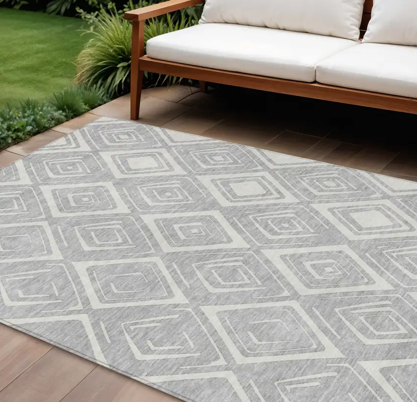 Silver And Ivory Geometric Washable Indoor Outdoor Area Rug Photo 1