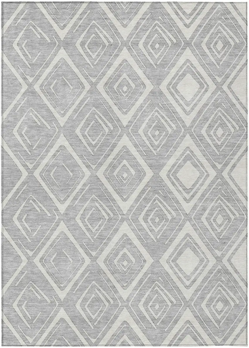 Silver And Ivory Geometric Washable Indoor Outdoor Area Rug Photo 1