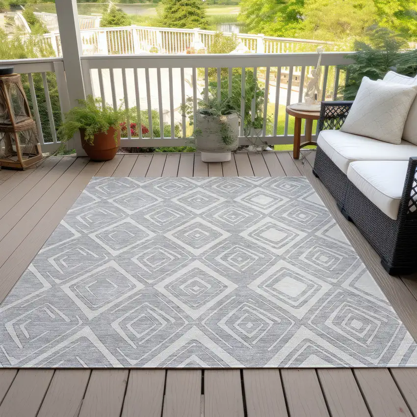 Silver And Ivory Geometric Washable Indoor Outdoor Area Rug Photo 7