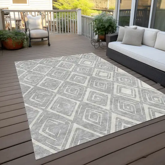 Silver And Ivory Geometric Washable Indoor Outdoor Area Rug Photo 9