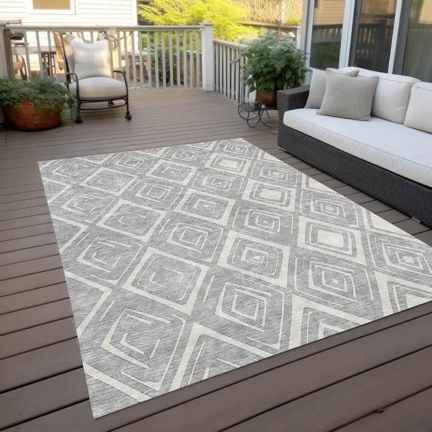 Silver And Ivory Geometric Washable Indoor Outdoor Area Rug Photo 9