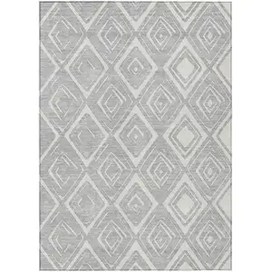 Photo of Silver And Ivory Geometric Washable Indoor Outdoor Area Rug