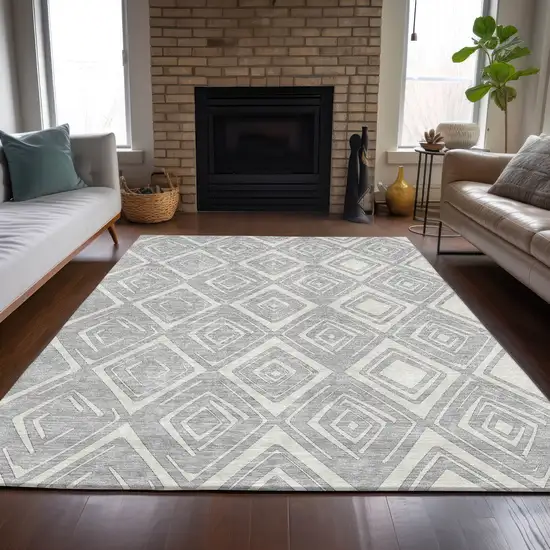 Silver And Ivory Geometric Washable Indoor Outdoor Area Rug Photo 6