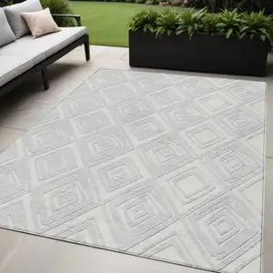 Photo of Silver And Ivory Geometric Washable Indoor Outdoor Area Rug