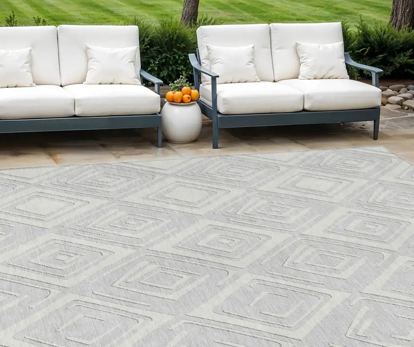 Silver And Ivory Geometric Washable Indoor Outdoor Area Rug Photo 1