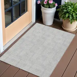Photo of Silver And Ivory Geometric Washable Indoor Outdoor Area Rug