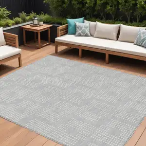 Photo of Silver And Ivory Geometric Washable Indoor Outdoor Area Rug