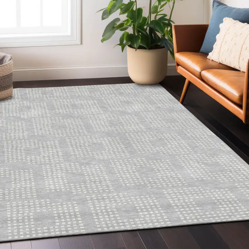 Silver And Ivory Geometric Washable Indoor Outdoor Area Rug Photo 9