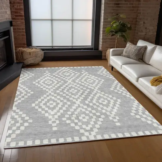 Silver And Ivory Geometric Washable Indoor Outdoor Area Rug Photo 9